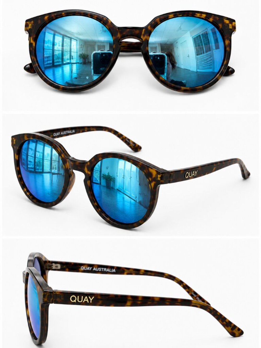 Quay Australia Tortoise Round Sunglasses Blue Mirrored Lenses